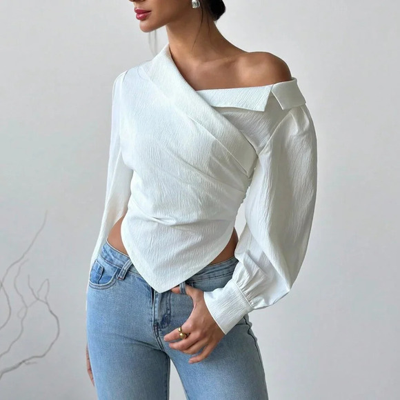 White Elegant Women's Asymmetrical Hem Long Sleeve top blouse - Picture 6 of 8